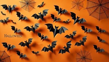 Happy halloween holiday concept. Halloween decorations, bats, ghosts on orange background. 