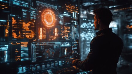 Software developer working with futuristic, high tech user interface at night