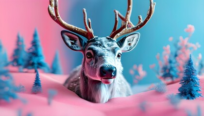 Vibrant 3D Reindeer Against a Dreamy Pink and Blue Background