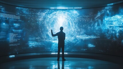 Businessman pointing at futuristic digital interface in data center