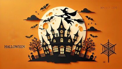 Happy halloween holiday concept. Halloween decorations, bats, ghosts on orange background. 