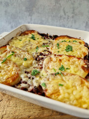 Vegetarian Lentil and Potato Casserole in a Baking Dish