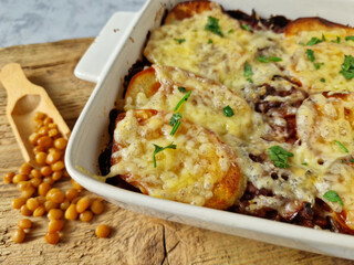 Vegetarian Lentil and Potato Casserole in a Baking Dish