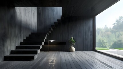 Black Minimalist Home with Floating Wooden Staircase and Panoramic View