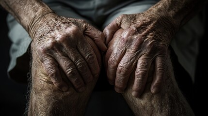 Fototapeta premium Elderly man’s knee in close-up, revealing signs of severe pain.
