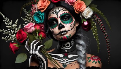 close-up image of the Mexican woman celebrating the Day of the Dead with traditional face paint and roses in her hair. Día de los Muertos makeup.