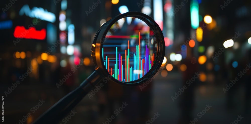 Poster through magnifying glasses, we analyze financial data in-depth. generating stock based on that data