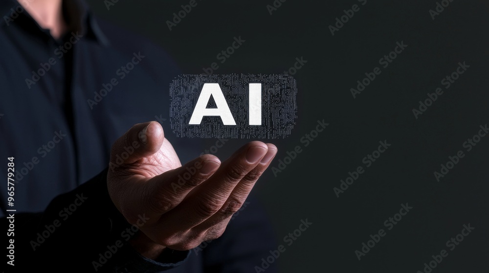 Poster the man uses technology generative ai for working tools, chats with ai, uses technology smart robot 