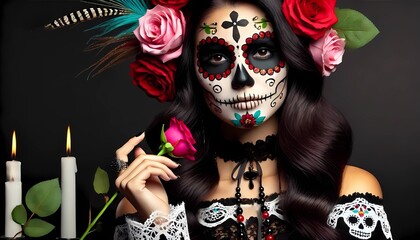 close-up image of the Mexican woman celebrating the Day of the Dead with traditional face paint and roses in her hair. Día de los Muertos makeup.