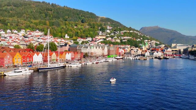 Aerial drone shot of Bergen harbor and wooden district Bryggen in Bergen, Norway