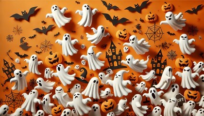 Happy halloween holiday concept. Halloween decorations, bats, ghosts on orange background. 