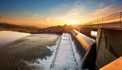An concrete dam with water flowing over it at sunset.