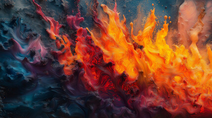 A painting of a fire with orange and blue flames