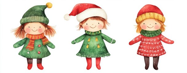 Cute Kids in Festive Christmas Outfits, Watercolor Drawing with Soft Colors on a Simple White BG
