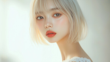 Fototapeta premium 美肌の若くて可愛いアジア女性モデルの美容ポートレート。おしゃれな明るい金髪の髪色と赤いリップが目を引く。