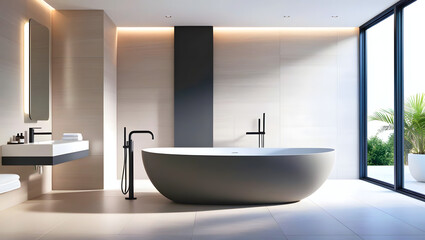 Sleek Freestanding Bath in Modern Bathroom Design | Minimalist Elegance, Light Tiles, Floor-Mounted Faucet, and Floating Vanity | Contemporary Aesthetic with Natural Light and Neutral-Toned Finishes