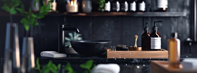 Modern bathroom countertop with stylish toiletries and natural decor