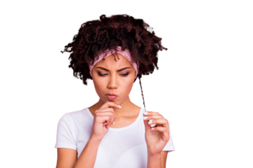 Close-up portrait of her she nice-looking charming cute shine attractive lovely disappointed discontent wavy-haired girl looking at damaged curls isolated over pink pastel background
