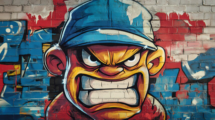 Graffiti art of angry cartoon character wearing blue cap. Graffiti. Illustration