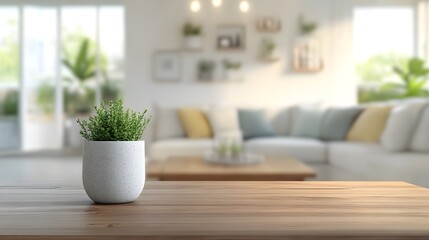 A potted plant sits on a wooden table in front of a blurred image of a living room with a white couch.