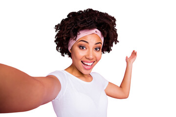 Self-portrait of her she nice-looking charming cute attractive lovely cheerful cheery optimistic wavy-haired girl showing place copy space welcome isolated over pink pastel background