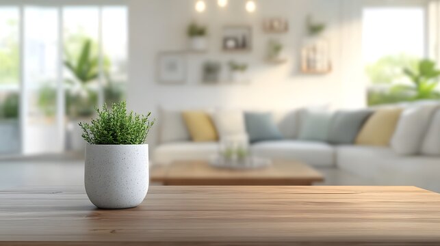 A potted plant sits on a wooden table in front of a blurred image of a living room with a white couch.