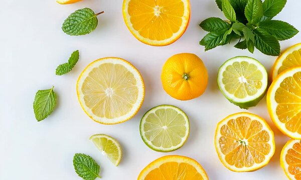 Assorted citrus slices with mint on a white background