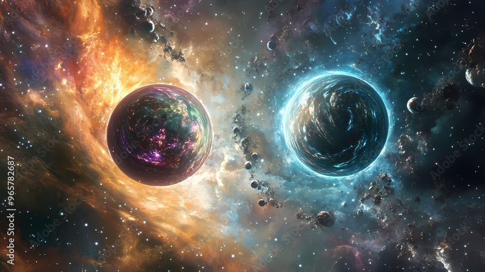 Wall mural discovery between two parallel universes through a dynamic side view. parallel universe. illustratio