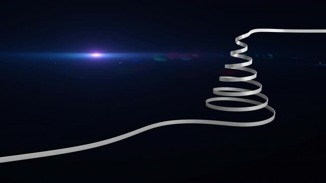 Animation of white ribbon forming christmas tree over light trails on black background