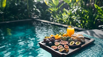 Obraz premium A tray of tropical fruits and a glass of orange juice sits beside a swimming pool.