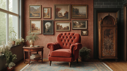 Naklejka premium A red chair is in a room with a lot of pictures on the wall