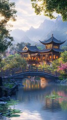 Fototapeta premium Classic Chinese architecture with carved stone bridges and peaceful garden gateways picture