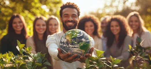 Group of businesspeople volunteer to promote Earth Day and environmental friendly, embracing ESG or Environmental, Social, and Governance practice to contribute greener environment sustainability