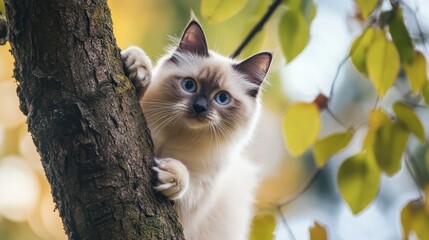 Obraz premium A fluffy cat with blue eyes climbs a tree amidst autumn leaves.