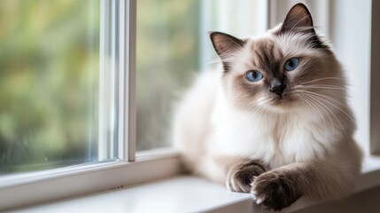A fluffy cat with blue eyes lounging by a window, enjoying the view.