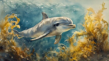 Fototapeta premium A baby dolphin nestled in seaweed, glowing sunlight reflecting off the ocean floor, watercolor, subtle brushstrokes, warm blues and greens, ethereal