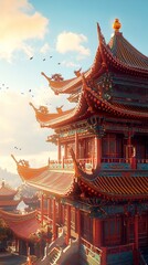 Fototapeta premium Elegant Chinese garden with peaceful stone bridges and traditional architecture picture