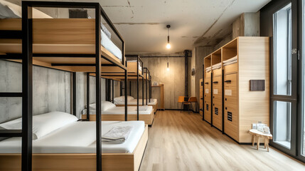 Modern hostel room with four wooden bunk beds with white linens, industrial-style concrete walls, wooden lockers, and a seating area with chairs and table.