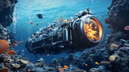 An underwater science expedition discovering a new species, with deep-sea equipment and vibrant marine life.