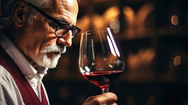 Image of a happy wine taster using his nose to smell the product from a wine glass. In the basement with the tank in the background