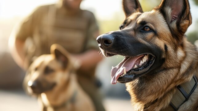 Loyal German Shepherd with Military Handler in Warm Light - Powered by Adobe