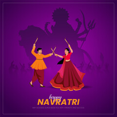  A lively Dandiya Raas performance during Navratri with participants dancing in pairs using colorful sticks
Navratri Celebration on a festive banner
 People in traditional attire a shadow is durga maa