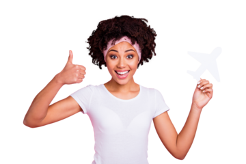 Close-up portrait of her she nice-looking cool shine charming attractive lovely cheerful cheery wavy-haired girl holding in hand plane showing thumbup isolated over pink pastel background