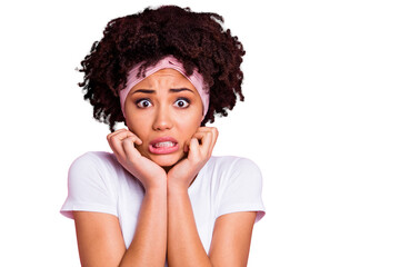 Close-up portrait of her she nice-looking shine charming attractive afraid wavy-haired girl phobia...