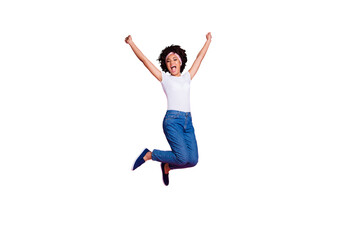 Full length body size view portrait of nice charming attractive lovely fit slender cheerful cheery...