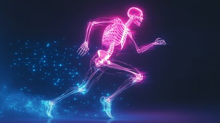 A man's skeleton shown through x-ray as he runs, orthopedic technology, digital holograms representing joint support, vibrant neon and cool blue colors, sci-fi style