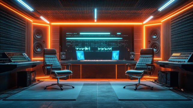 Futuristic podcast studio design, two sleek metal chairs, cutting-edge microphones with LED displays, vibrant holographic sound waves in the background