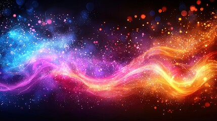 Colorful abstract swirl of light and energy with vibrant hues set against a dark background in a modern digital art style