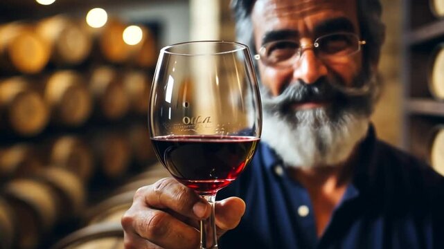 Image of a happy wine taster using his nose to smell the product from a wine glass. In the basement with the tank in the background