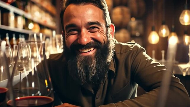 Image of a happy wine taster using his nose to smell the product from a wine glass. In the basement with the tank in the background